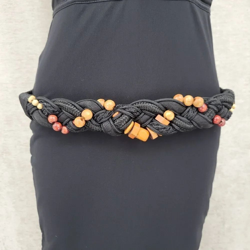 Black Braided Belt with Wooden Beads Vintage 80s Nylon Strech Cord Woven - Picture 3 of 9